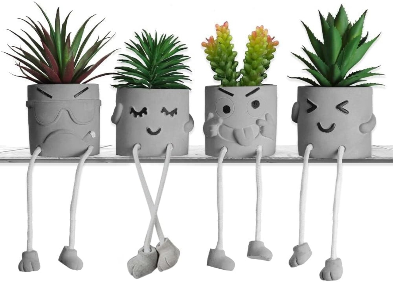 4 Pack Artificial Succulent Potted Plant Set – Faux Mini Succulents with Cement Pots for Office Desk, Shelf, Bathroom, Window Sill & Home Decor Gift